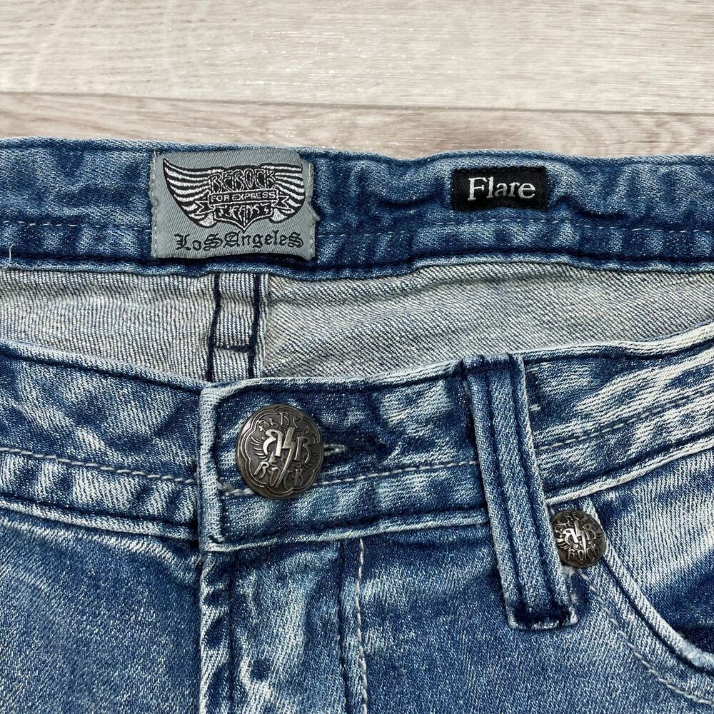 🔥Y2K Rerock Express Flare Bootcut Jeans Low Rise Rhinestone Stretch Distress - Picture 8 of 15